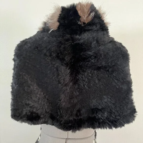 VTG Preston & York Black and Tan Rabbit and Fox Fur Shrug Wrap - Picture 3 of 9